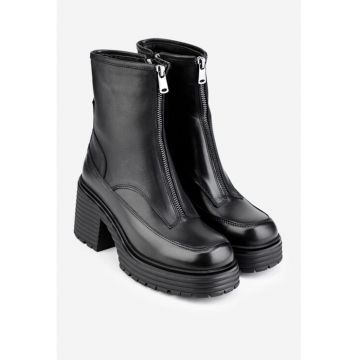 Botine negre din piele cu fermoar decorativ