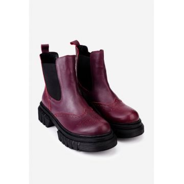 Ghete dama burgundy din piele naturala cu aspect perforat