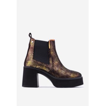 Botine dama aurii cu negru din piele model snake print